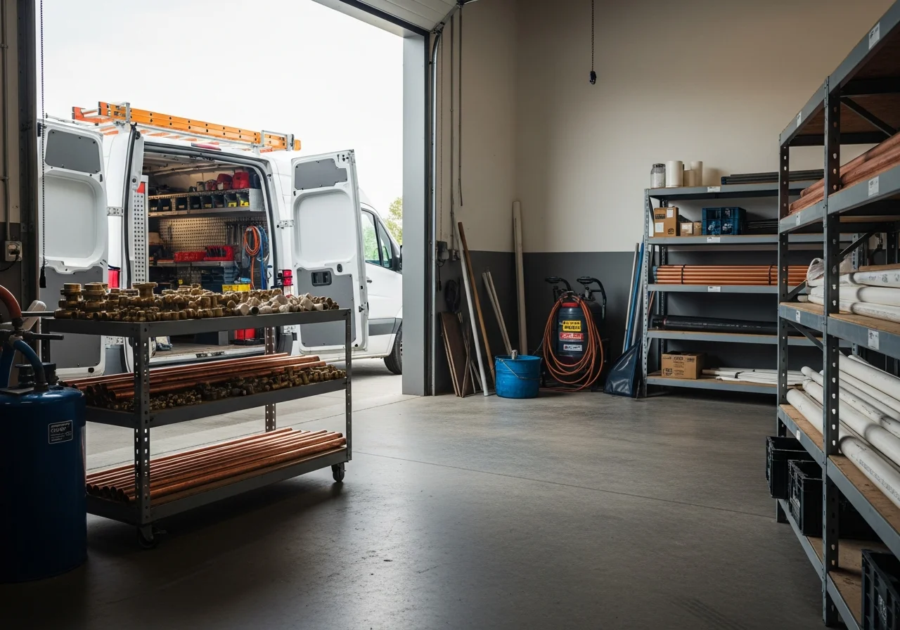 Professional plumbing crew with tools and equipment ready for service calls; shop floor or service vehicle interior.