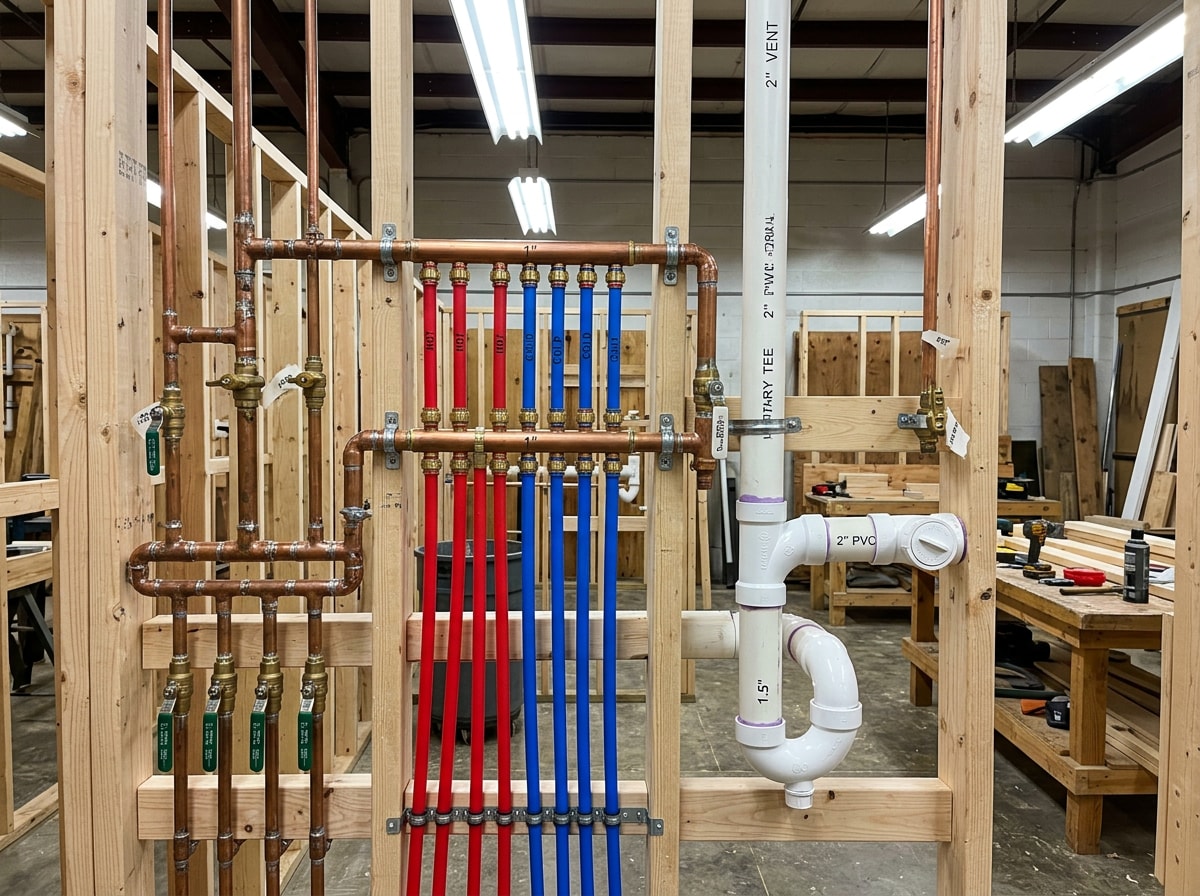 Plumbing training lab wall with copper, PEX, and PVC rough-in assemblies mounted for instruction