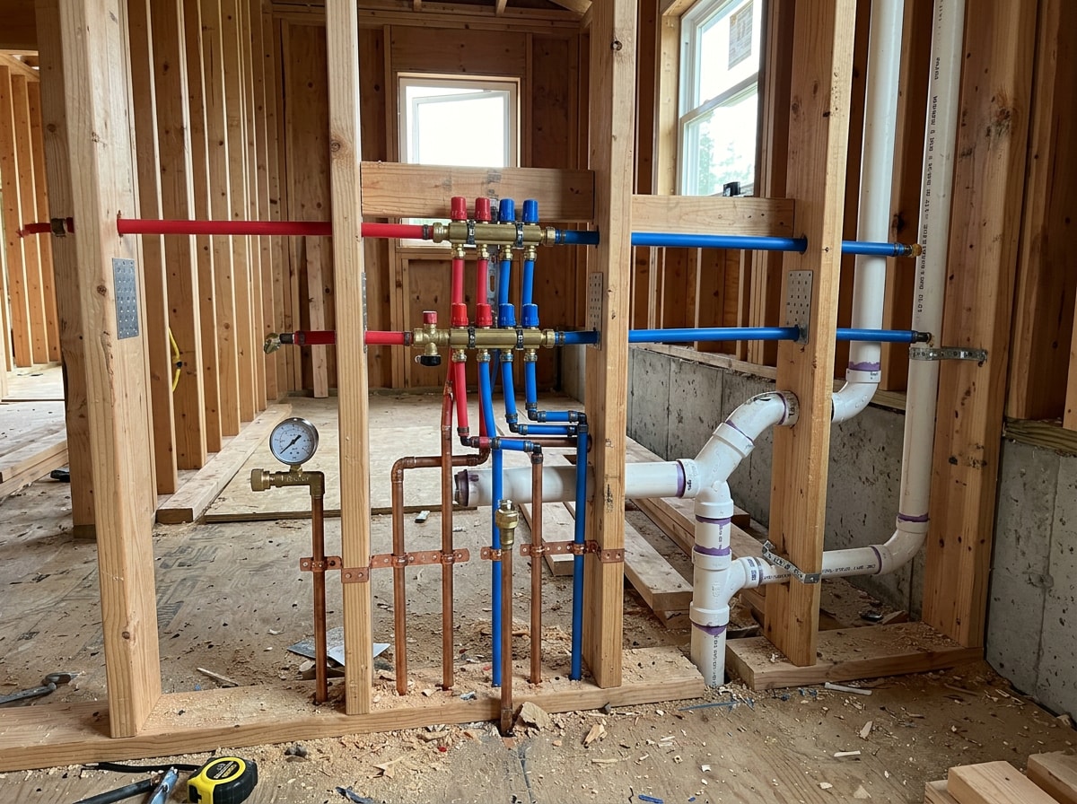 Rough-in plumbing in an open stud wall with PEX manifold, copper stub-outs, and PVC drain lines neatly strapped