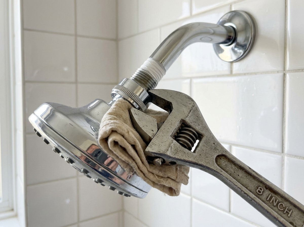 Adjustable wrench with a protective cloth loosening a chrome shower head connection nut on the shower arm