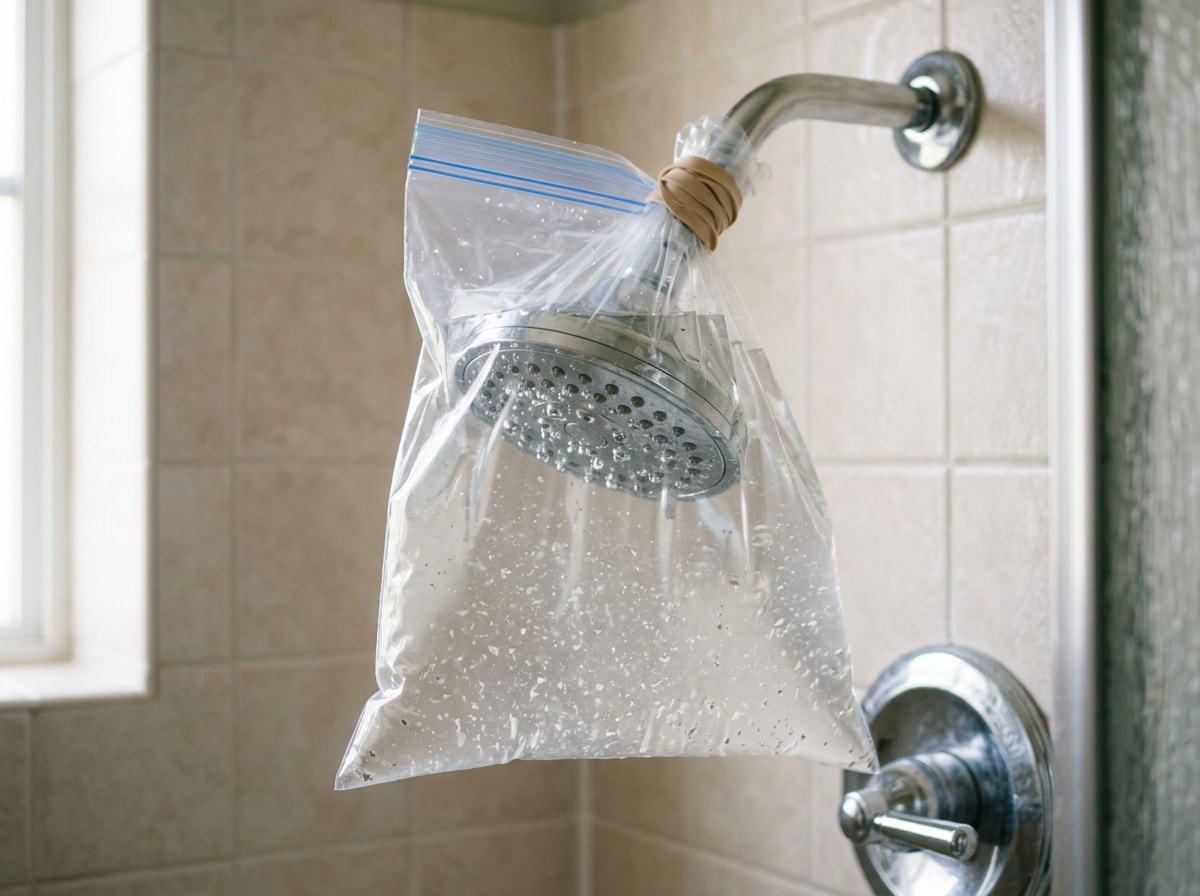 Chrome shower head soaking in a clear bag of white vinegar to dissolve limescale