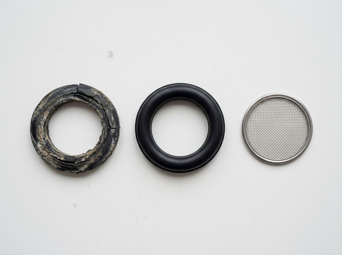 Side by side comparison of a flattened worn shower head gasket and a new black rubber replacement gasket