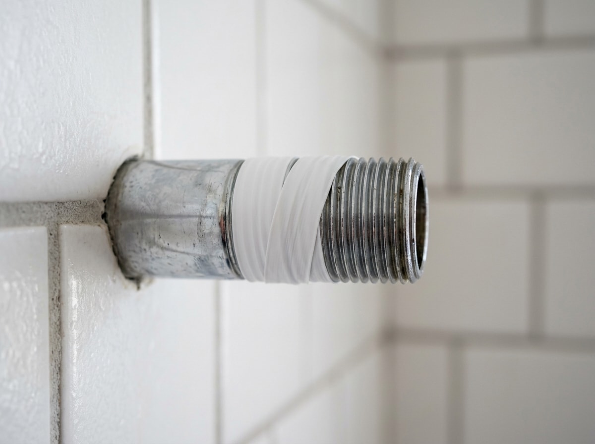Plumbers tape being wrapped clockwise around the threads of a chrome shower arm