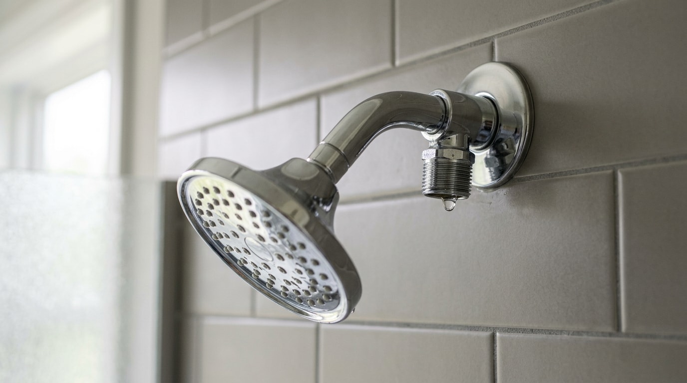 Chrome shower head with a water droplet forming at the threaded shower arm connection