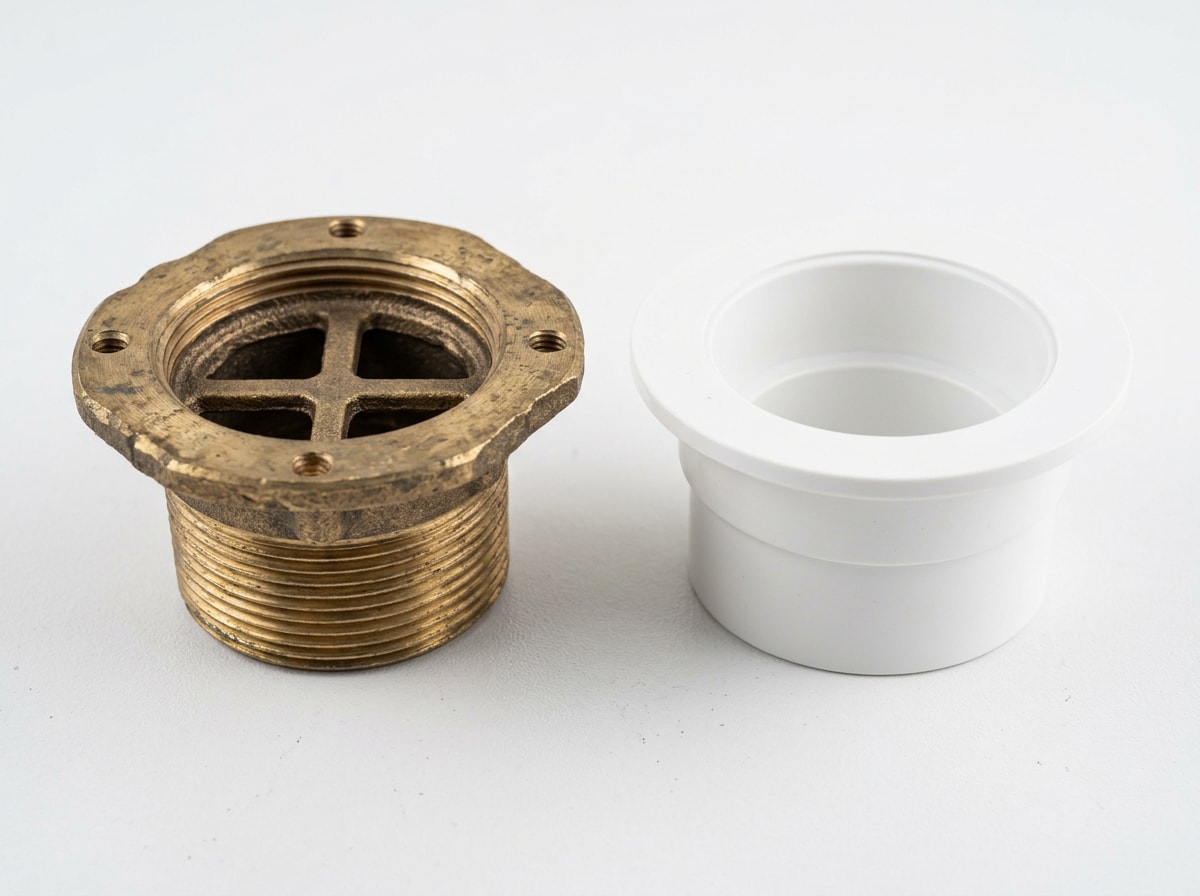 Side by side close-up of a threaded shower drain flange with crossbars next to a smooth glue-in drain collar