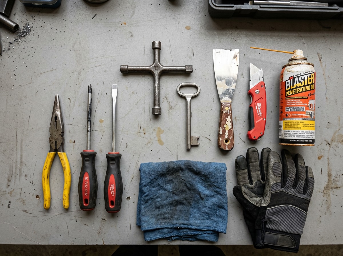 Overhead flat lay of shower drain removal tools including a drain key, needle-nose pliers, screwdrivers, putty knife and penetrating oil