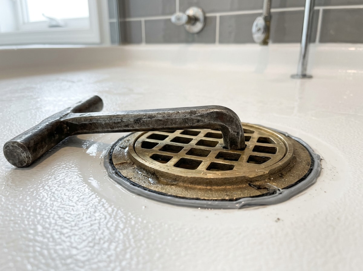 Drain key seated on the crossbars inside a shower drain flange ready to turn counterclockwise