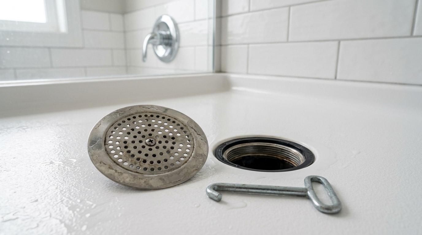 Shower drain cover removed from a white acrylic shower pan with a drain key beside it