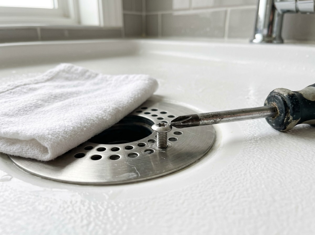 Phillips screwdriver loosening the screw on a stainless shower drain grate