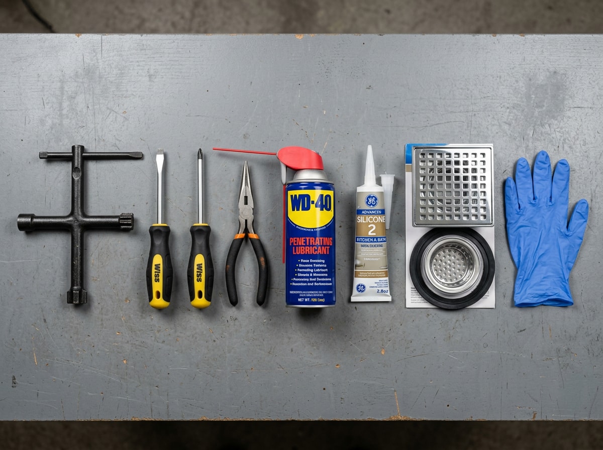 Flat lay of shower drain removal tools on a workbench including drain key, screwdrivers, pliers and a drain kit