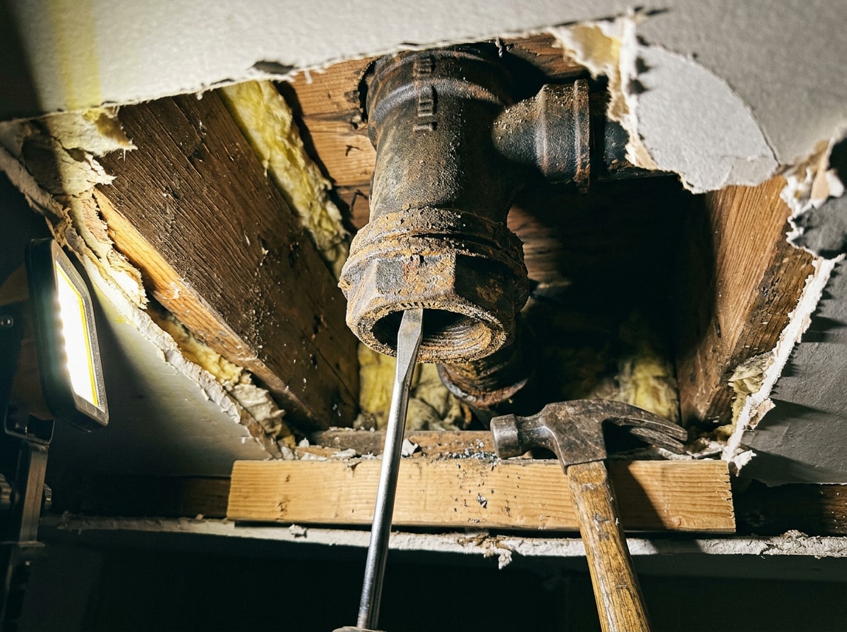 Corroded shower drain locknut being turned with a screwdriver and hammer from inside an open ceiling cavity