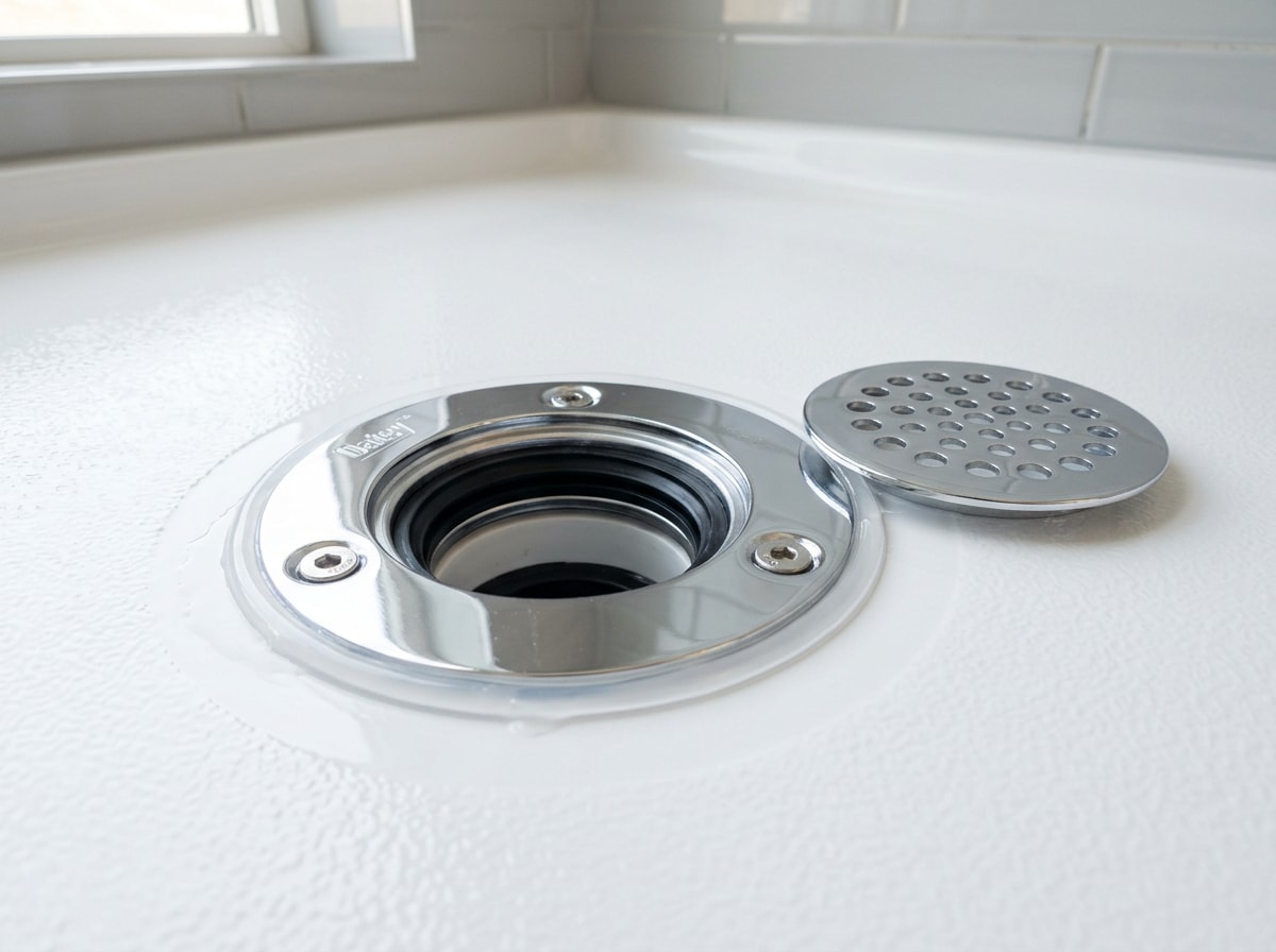 Anchor screws being tightened on a compression shower drain inside a white acrylic shower base with even sealant squeeze out