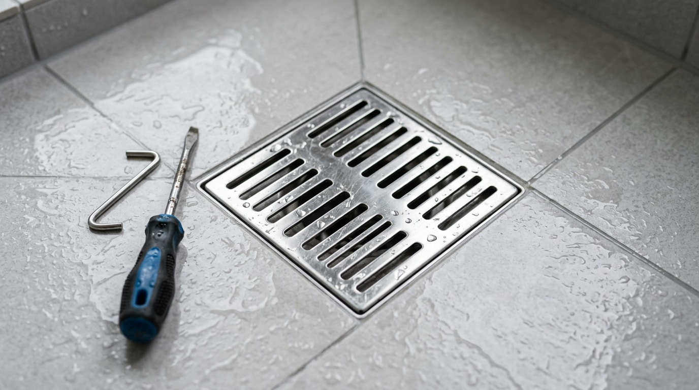 Stainless steel shower drain grate in a tiled shower floor with removal tools beside it