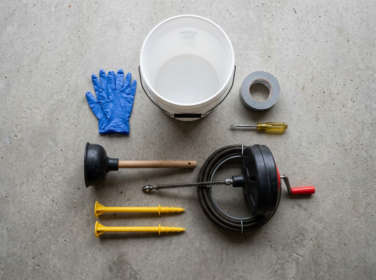 Flat lay of bathtub unclogging tools including a cup plunger, hand crank drain snake, plastic zip tool and gloves