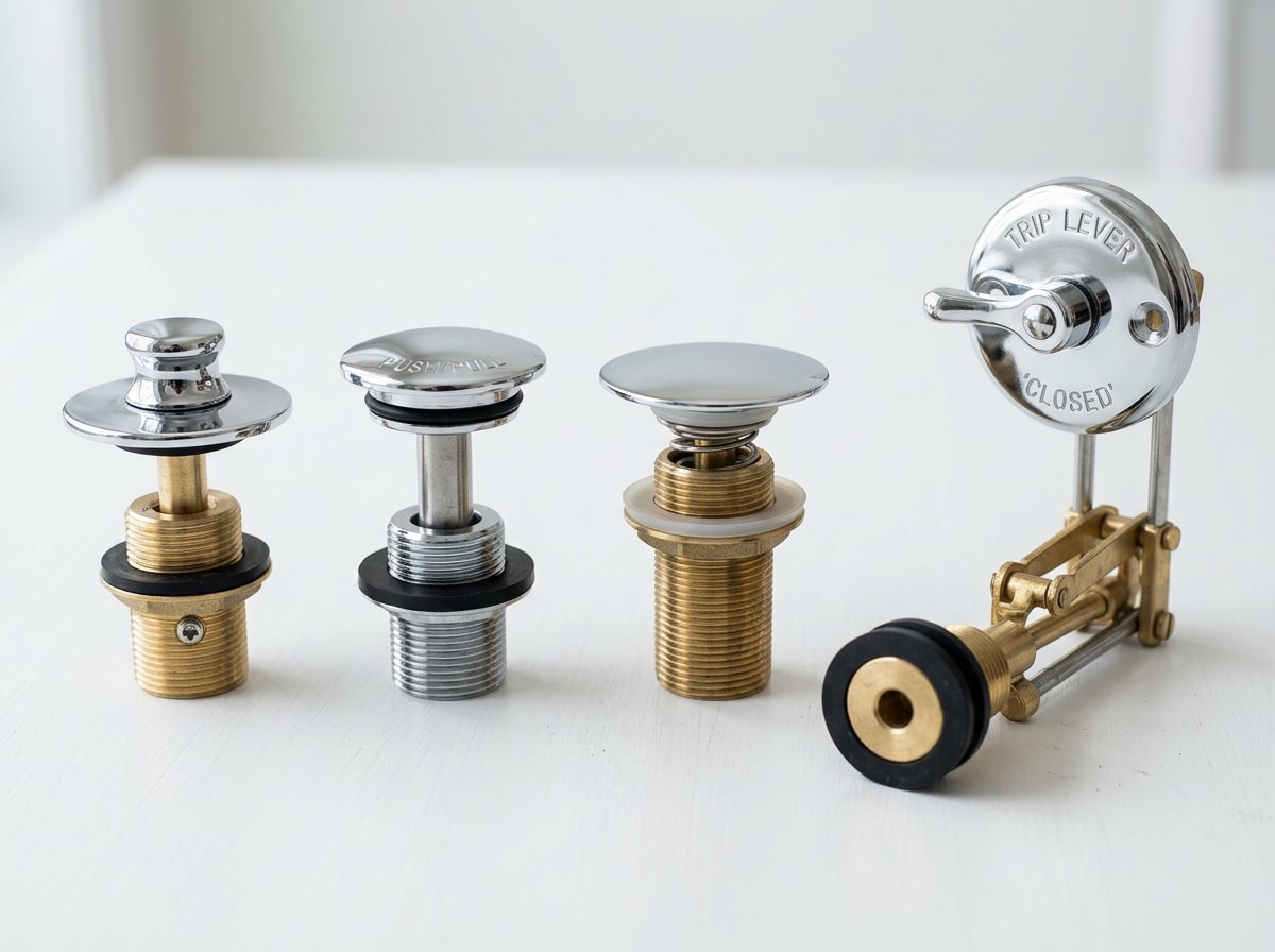Labeled comparison of lift and turn, push and pull, toe touch and trip lever bathtub stopper hardware on a clean surface