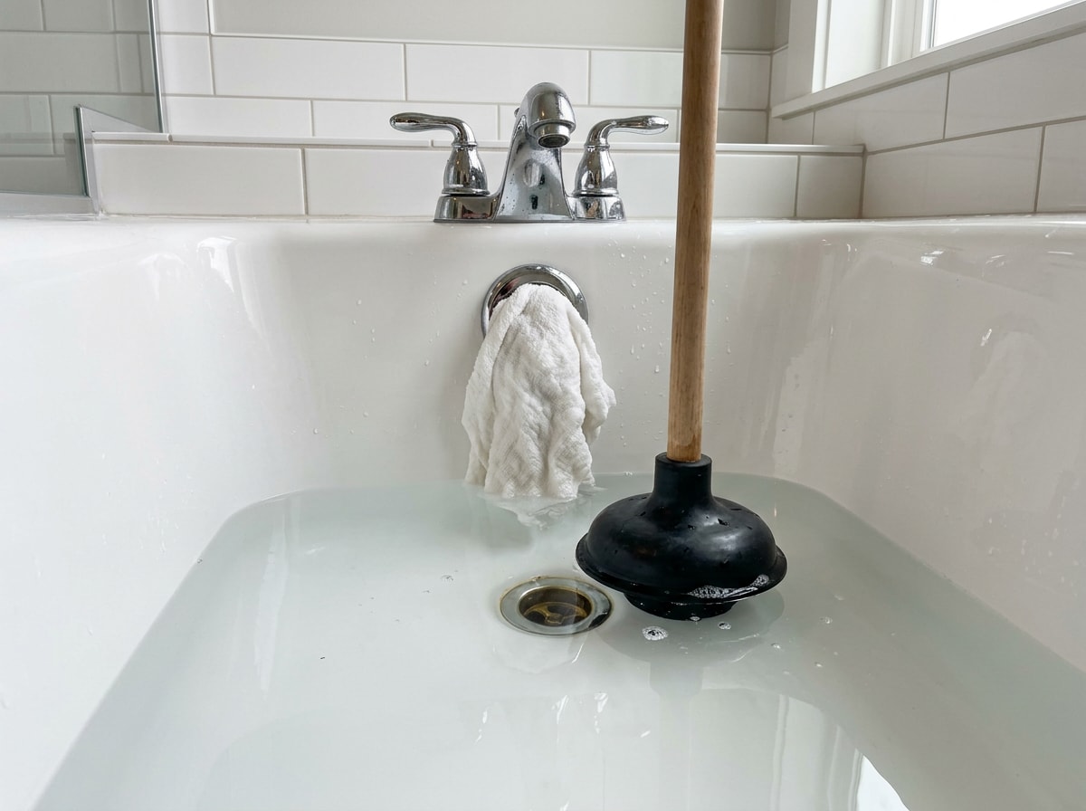 Thick wet rag sealing the overflow plate of a white bathtub with a black cup plunger resting over the drain