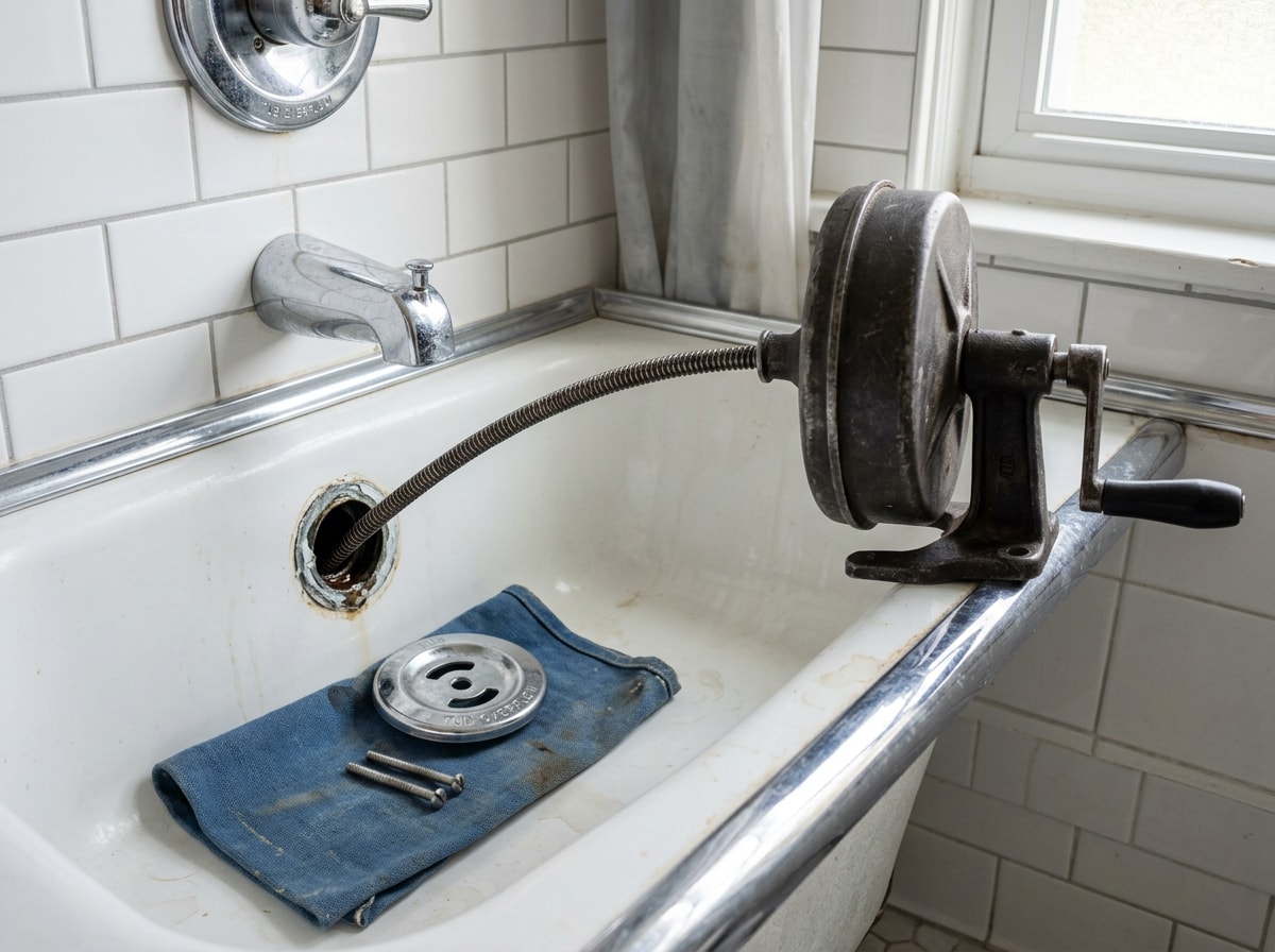 Drain snake cable being fed into a bathtub overflow opening with the overflow plate removed and a drop cloth in the tub