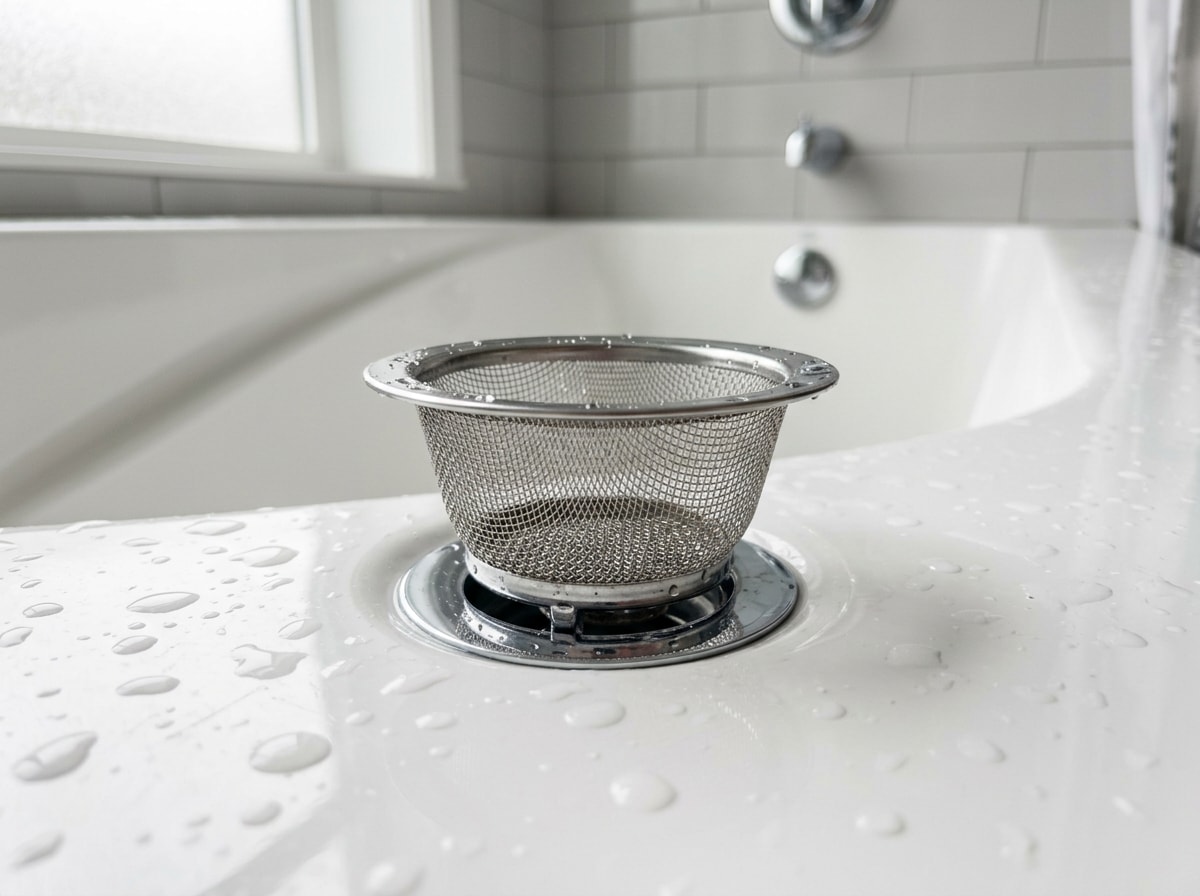 Stainless mesh hair catcher seated over a clean white bathtub drain