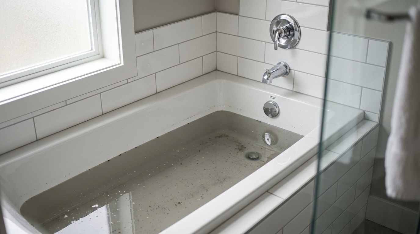 Standing water sitting above the chrome drain of a white bathtub