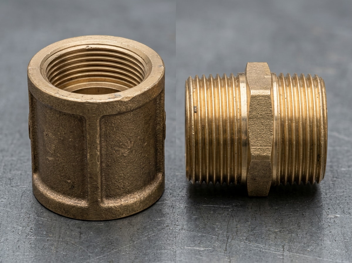 Side-by-side close-up of a brass FIP fitting with internal threads and an MIP nipple with external threads