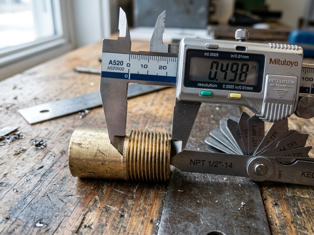 Digital caliper and thread pitch gauge measuring pipe threads on a brass fitting