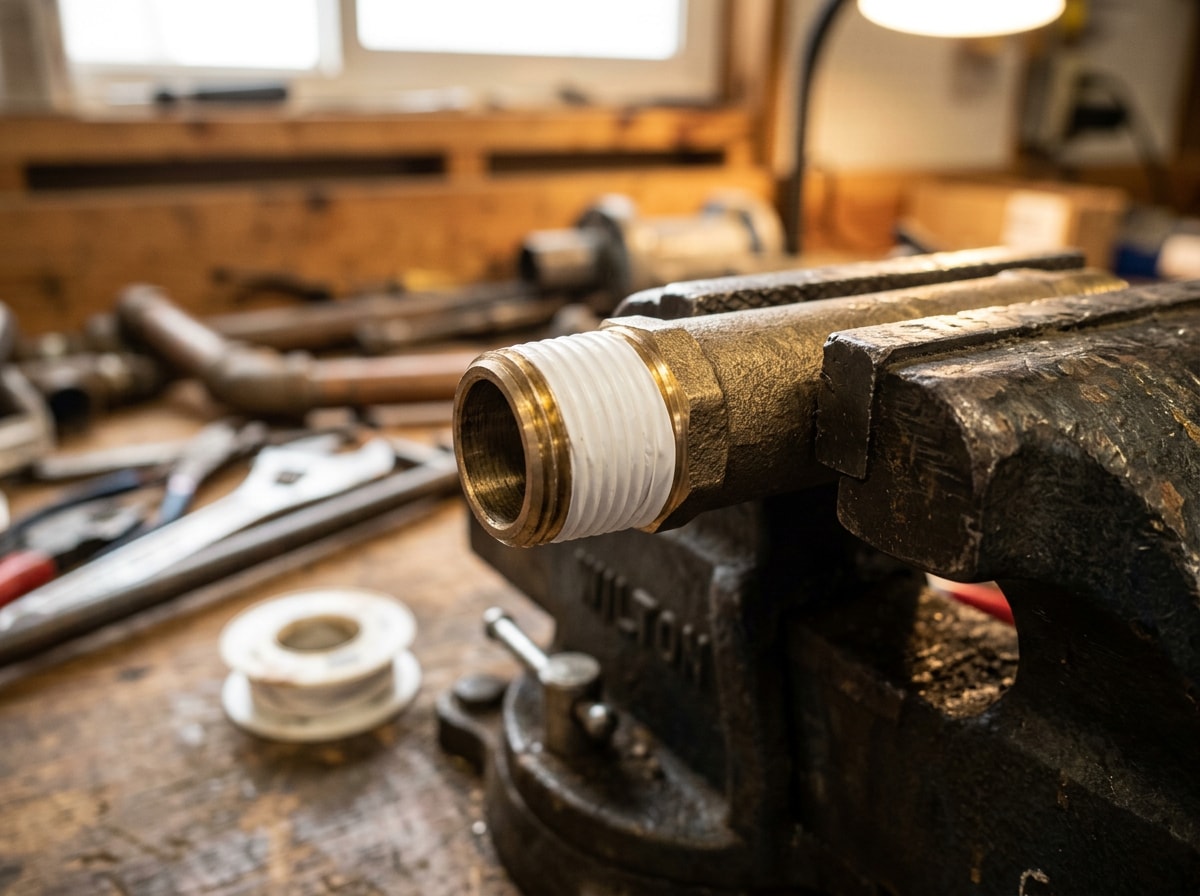 PTFE thread sealant tape wrapped clockwise around male pipe threads on a brass nipple