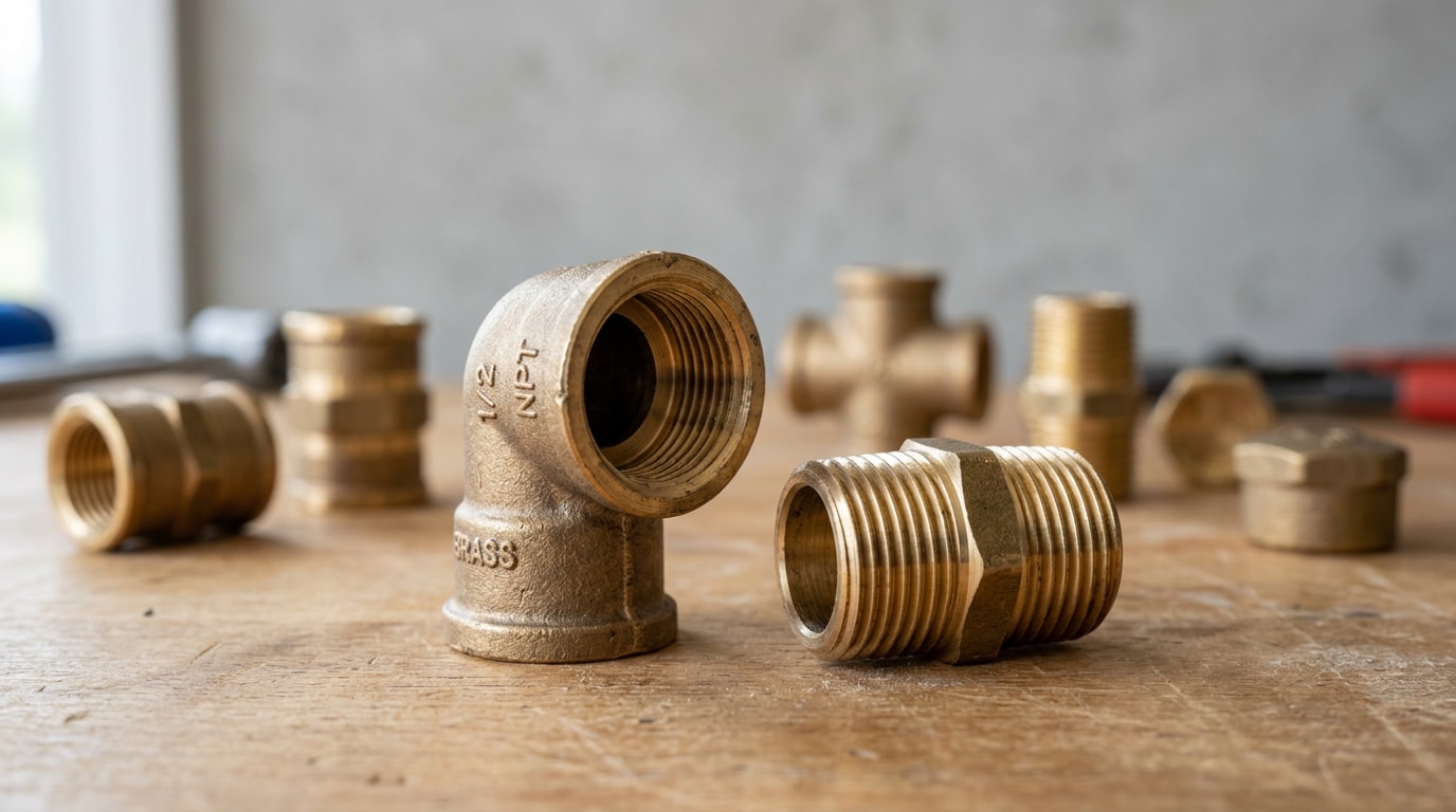 Brass FIP fitting with internal threads next to a male threaded pipe nipple on a workbench