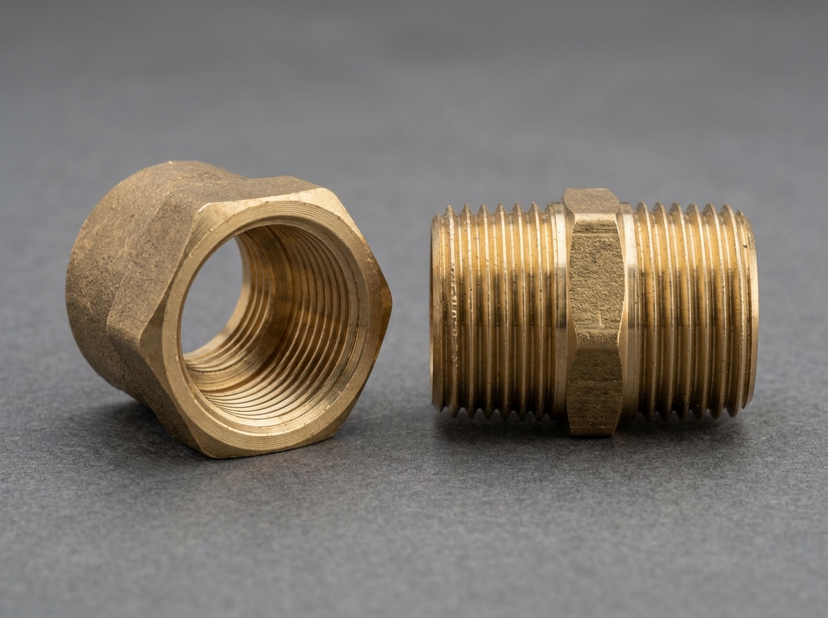 Brass FIP fitting with internal threads set beside a brass MIP nipple with external threads on a workbench