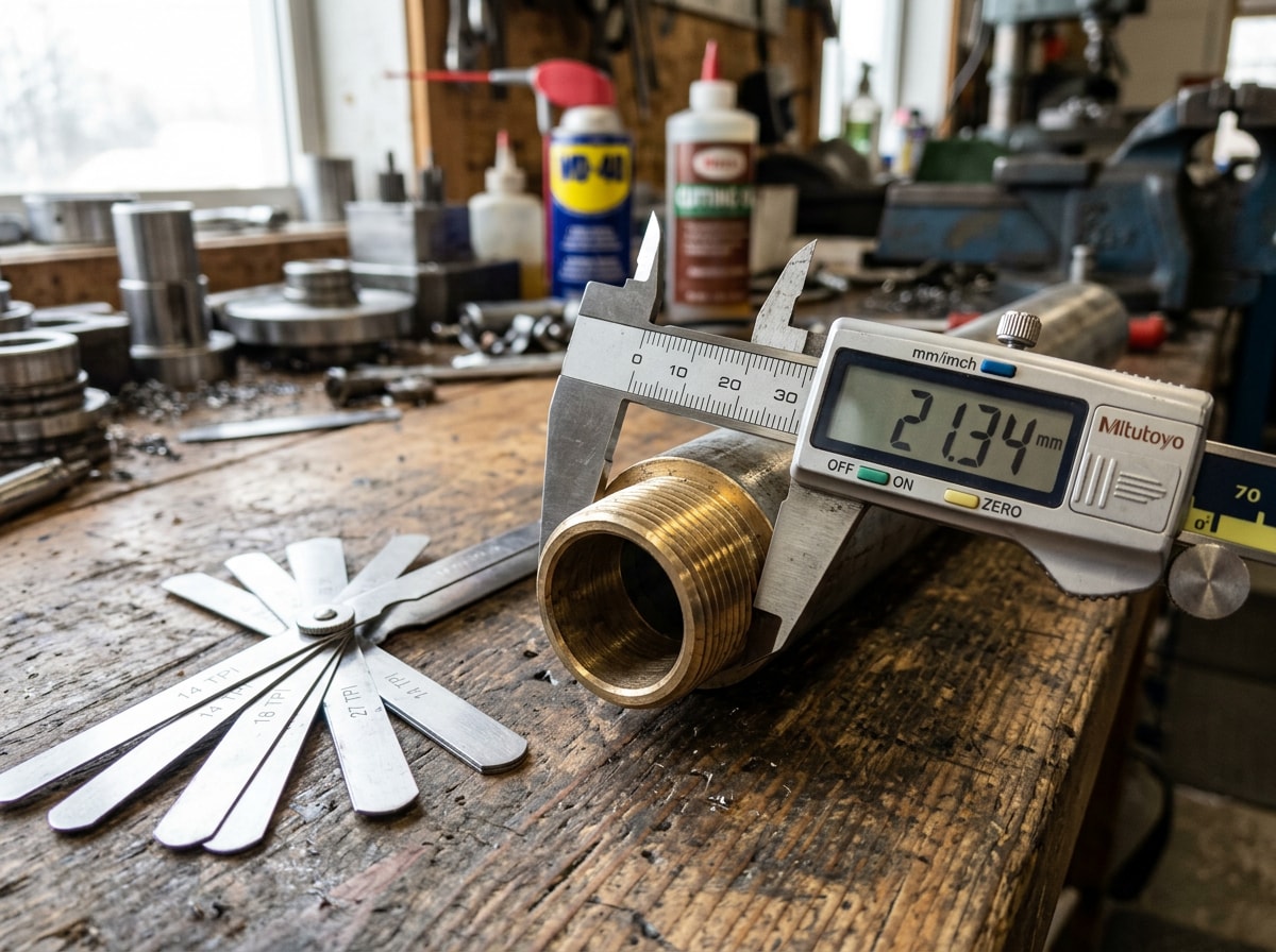 Digital calipers measuring the outside diameter of a brass male pipe thread next to a thread pitch gauge