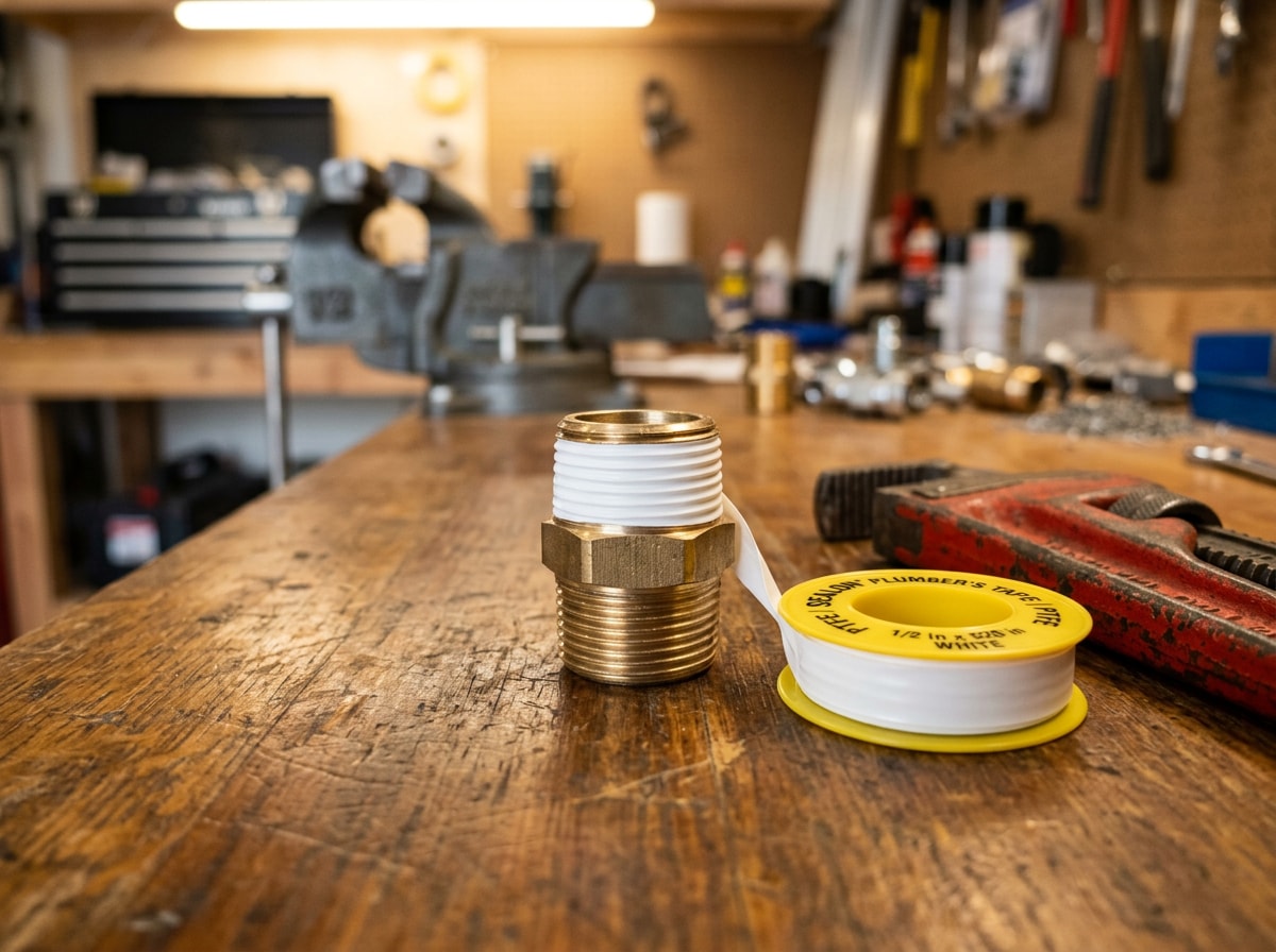 PTFE thread seal tape wrapped on the male threads of a brass nipple with a pipe wrench resting beside it