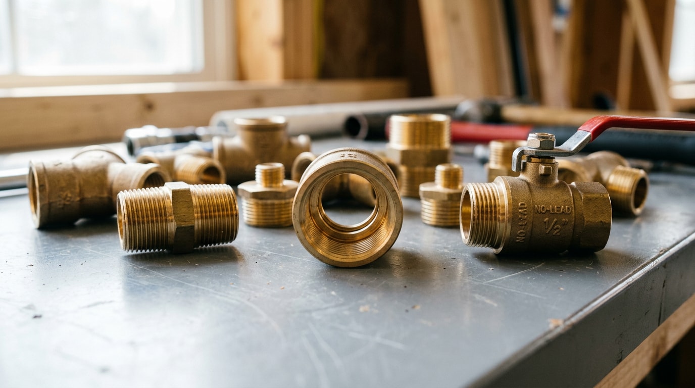Brass FIP coupling with internal threads on a workbench beside other threaded plumbing fittings Brass FIP coupling with internal threads on a workbench beside other threaded plumbing fittings