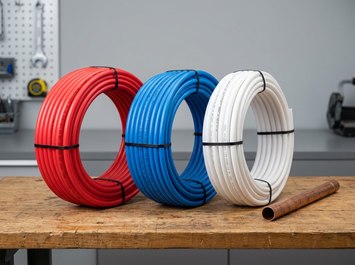 Coils of red, blue, and white PEX tubing stacked next to copper pipe for comparison