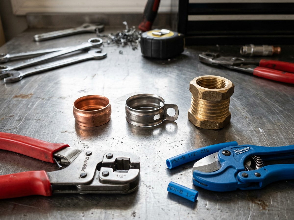 Copper crimp ring, stainless cinch clamp, and expansion fitting arranged on a workbench