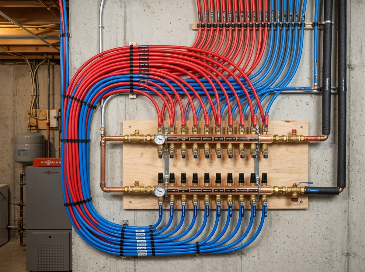 PEX manifold mounted on a basement wall with color-coded red and blue supply lines and labeled shutoffs