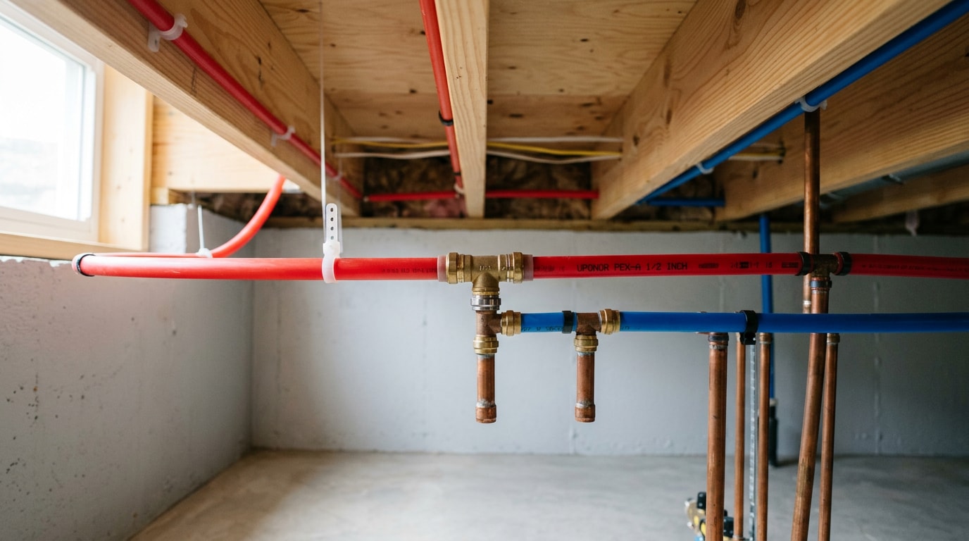 Red and blue PEX supply lines installed along basement joists in a home Red and blue PEX supply lines installed along basement joists in a home