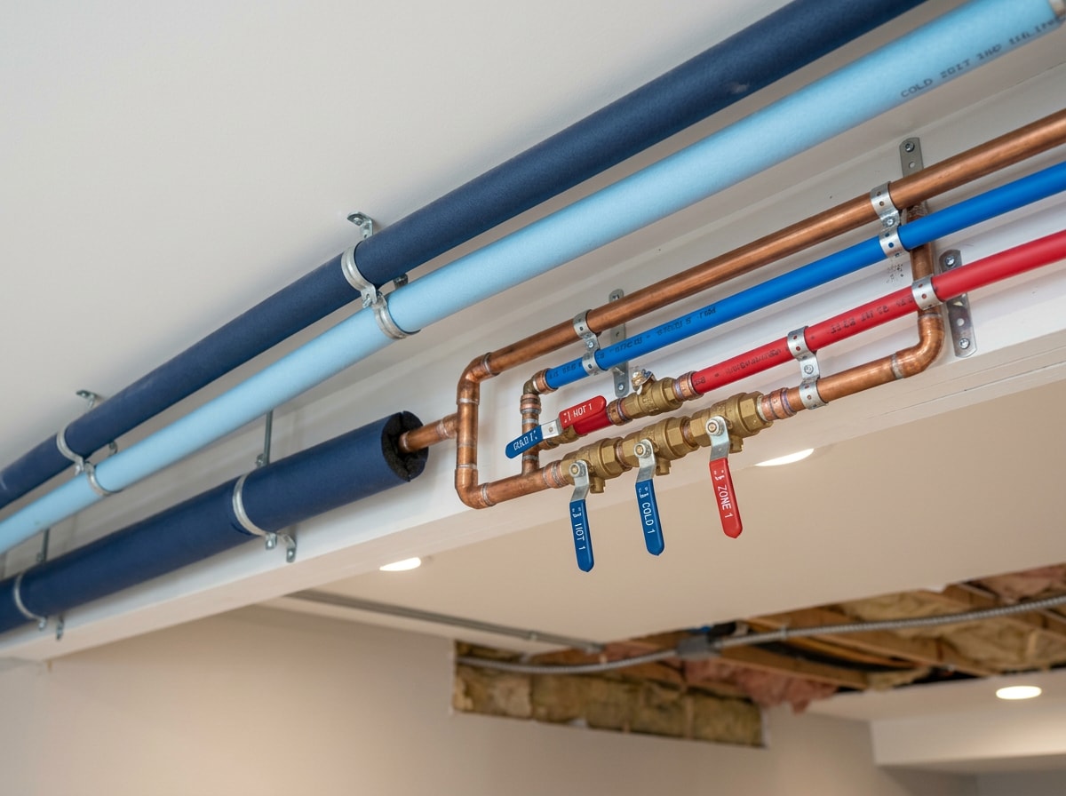 Copper and PEX water supply lines with shutoff valves running along a clean basement ceiling
