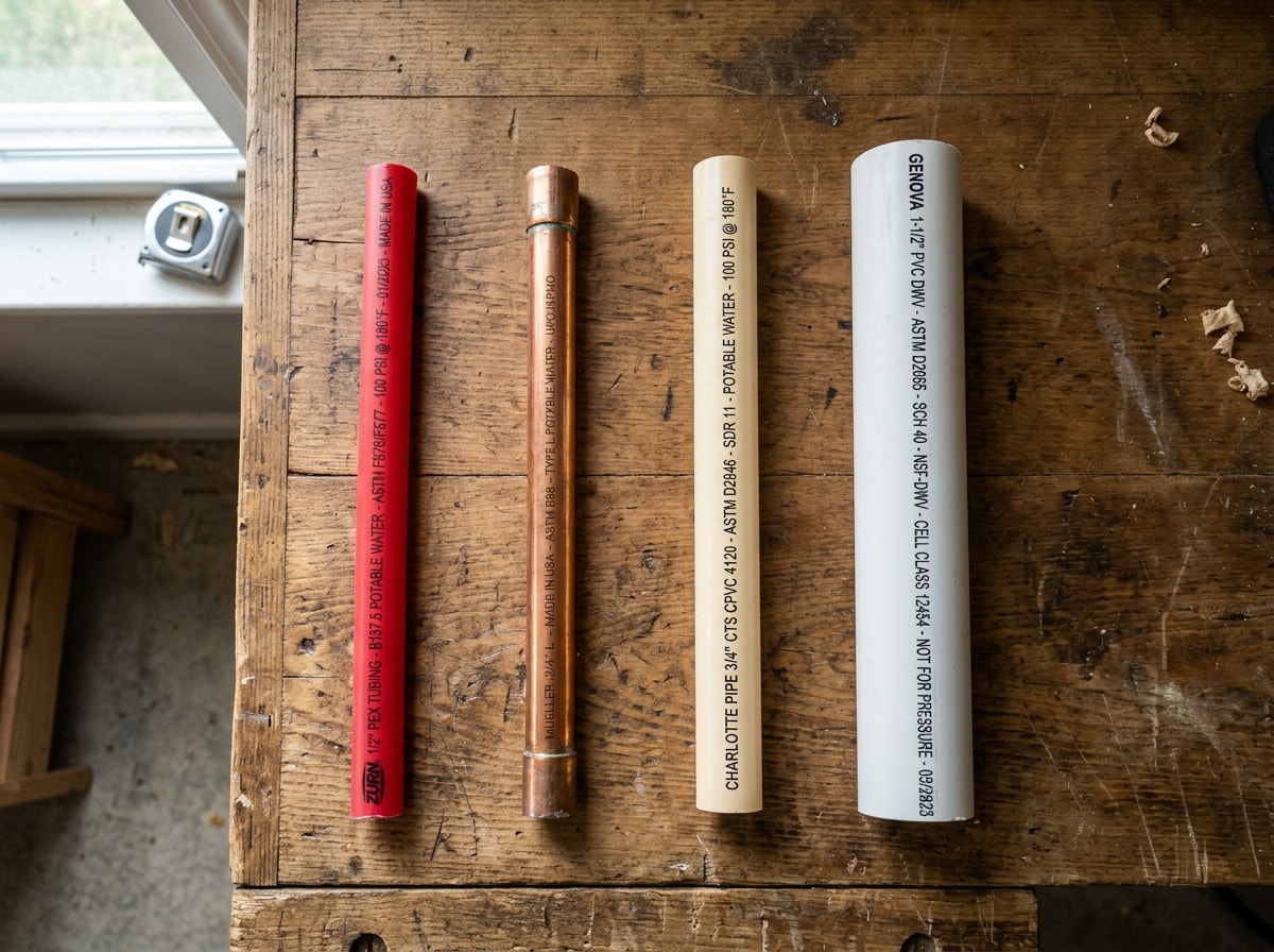 Cut sections of PEX, copper, CPVC and PVC plumbing pipe arranged neatly on a workbench