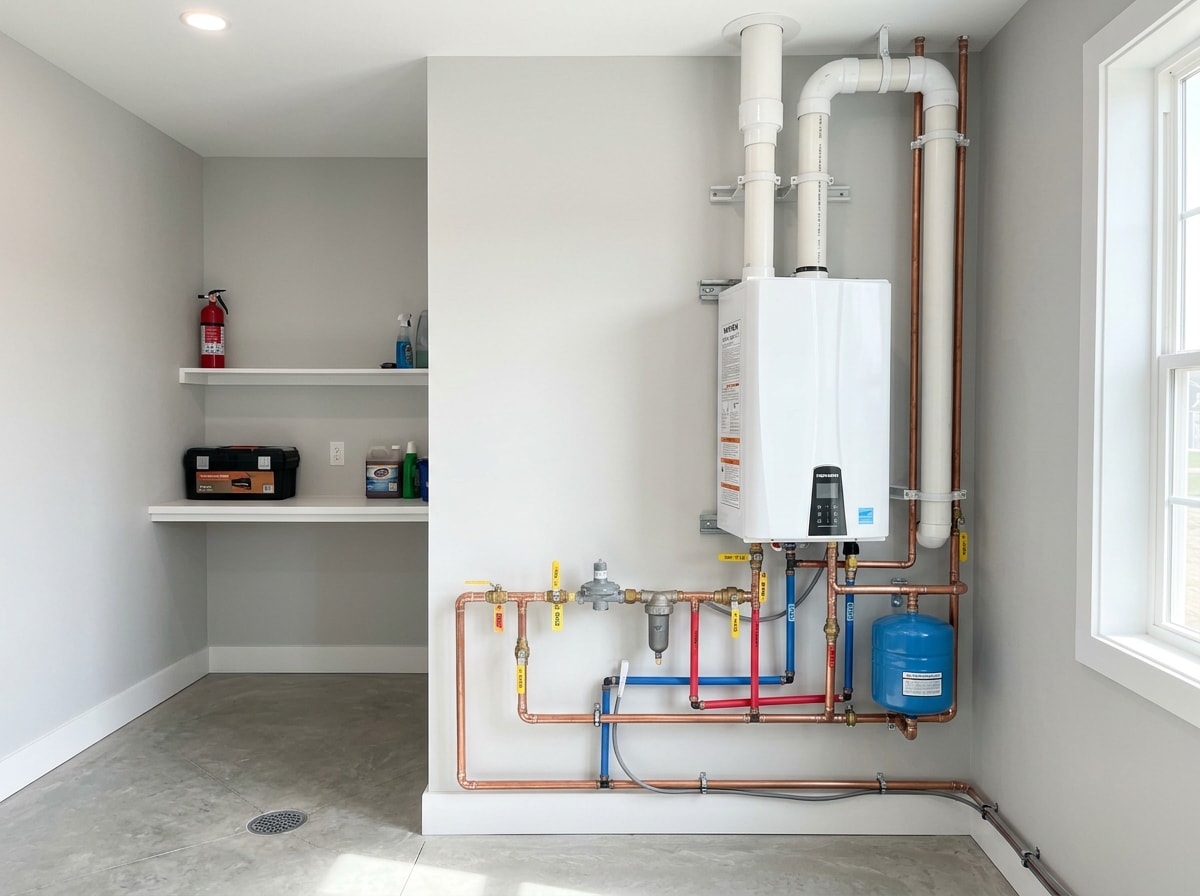 Newly installed tankless water heater with copper supply connections mounted on a utility room wall