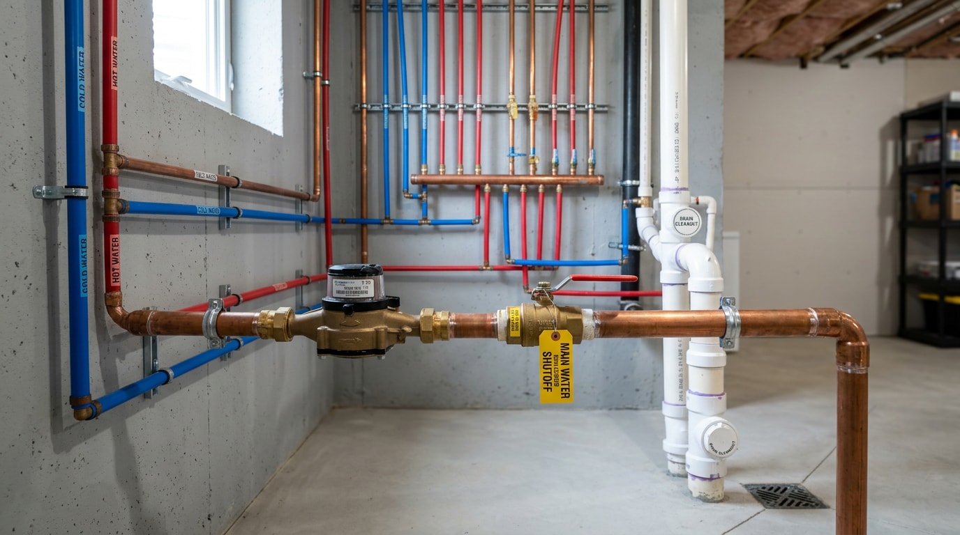 Residential plumbing system with copper and PEX supply lines, main shutoff valve and PVC drain stack in a basement