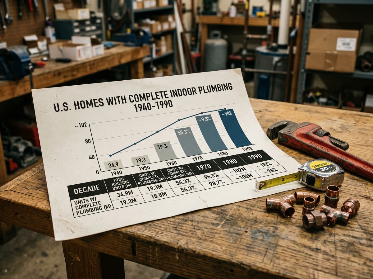 Decade by decade timeline of U.S. homes with complete indoor plumbing from 1940 to 1990