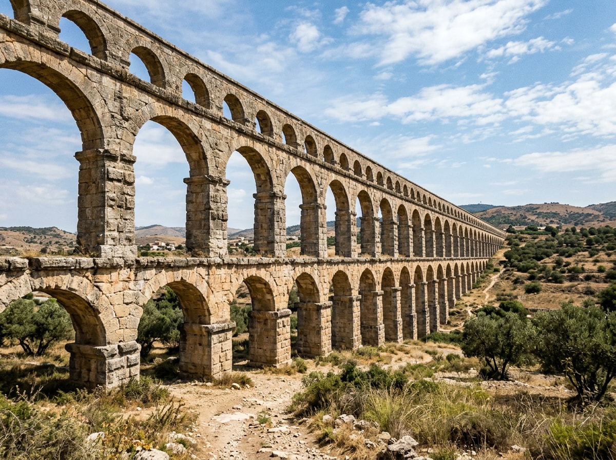 Arched stone Roman aqueduct that carried running water to an ancient city