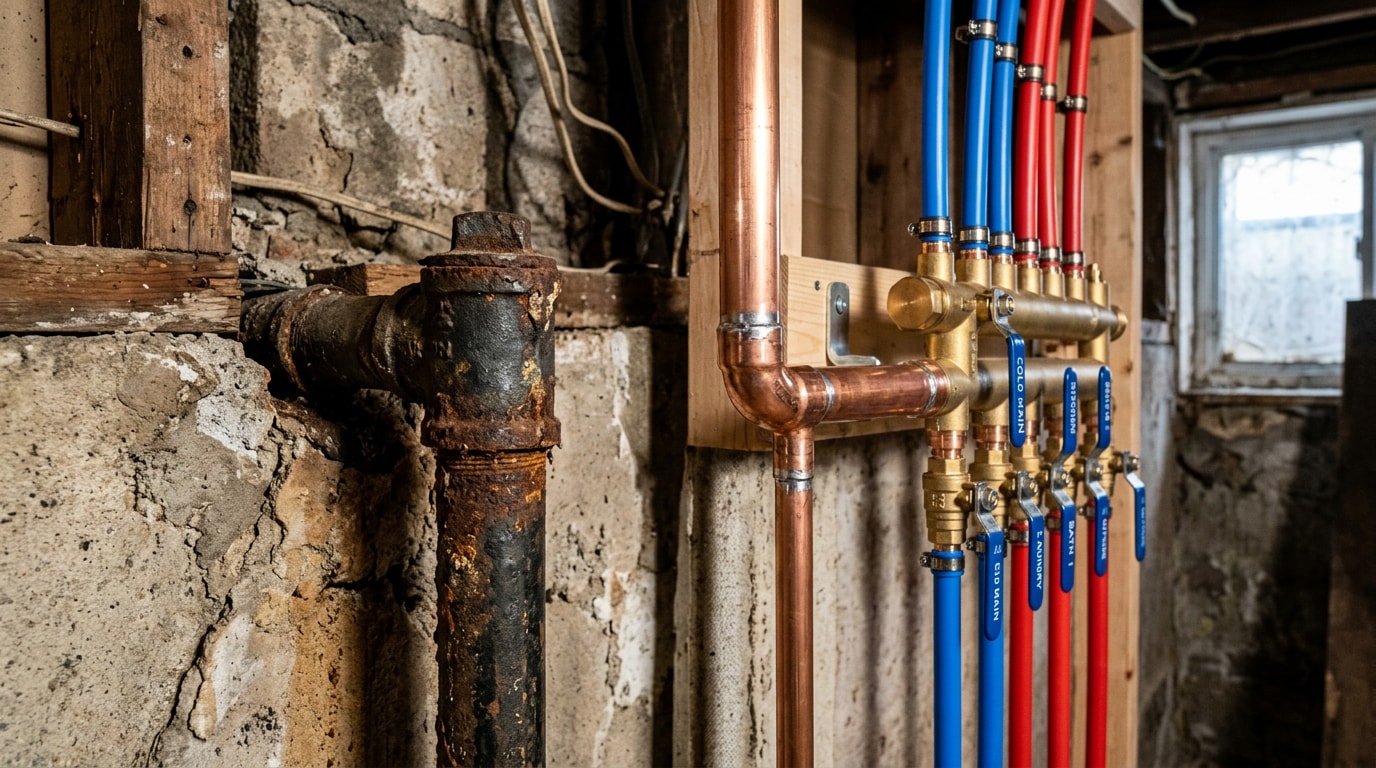 Old corroded galvanized pipe beside newly installed copper and PEX water lines in an older home basement