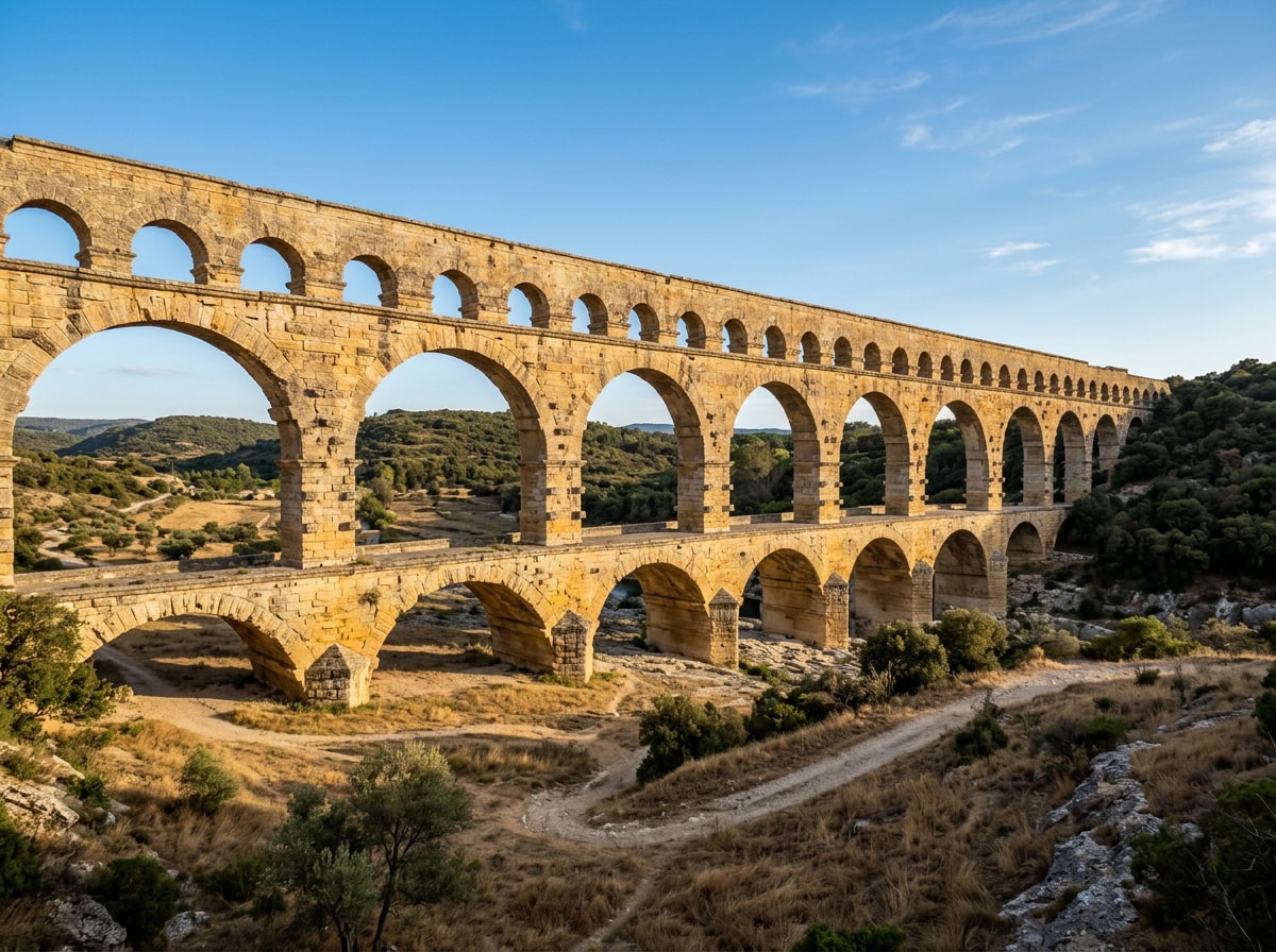 Stone Roman aqueduct arches spanning a dry valley in warm afternoon light