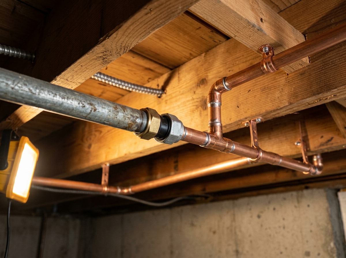 Basement ceiling showing old galvanized steel water pipe joined to newer copper supply lines