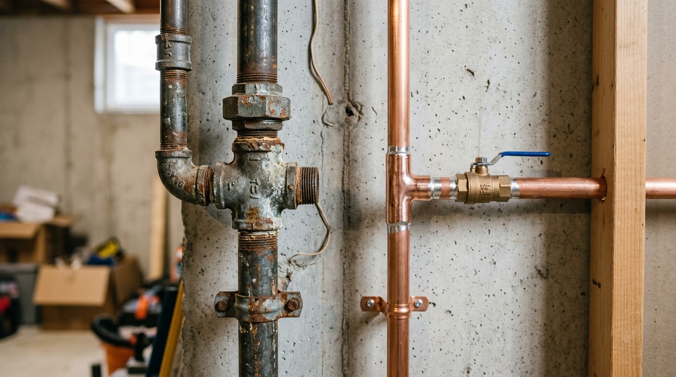 Old galvanized steel pipe next to new copper water lines in a home basement