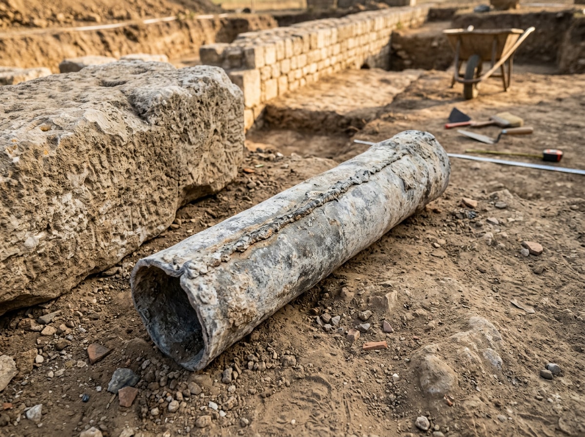 Excavated Roman lead water pipe displayed beside weathered aqueduct stonework