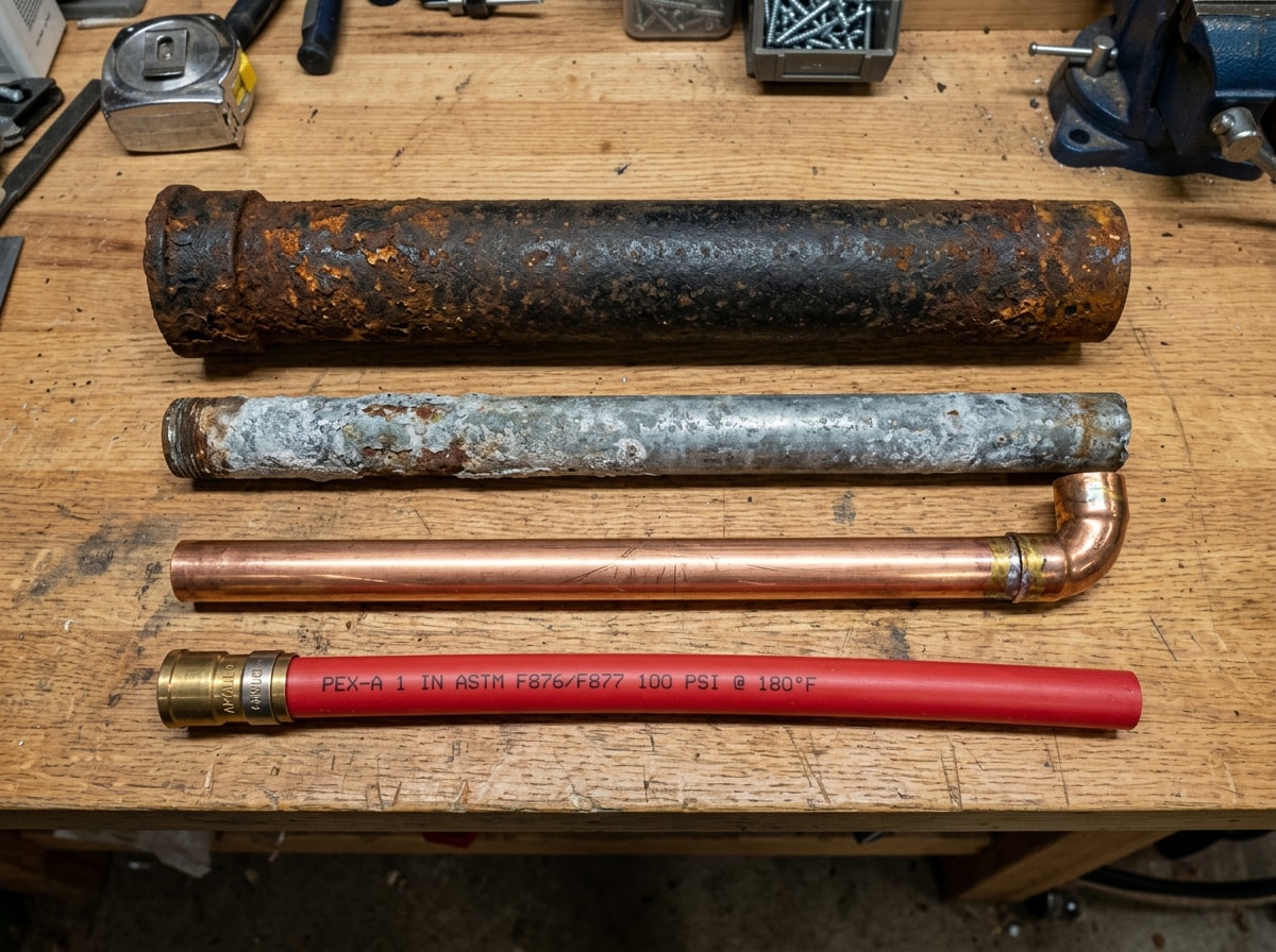 Cast iron, galvanized steel, copper and red PEX pipe sections laid side by side on a workbench