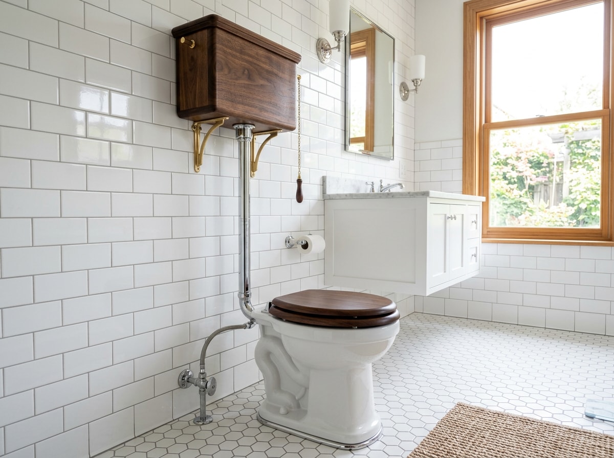 Restored antique high-tank toilet installed in a finished modern tiled bathroom