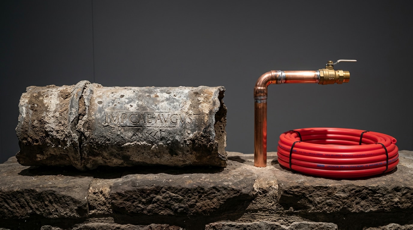 Ancient Roman lead pipe displayed next to modern copper and PEX plumbing pipe