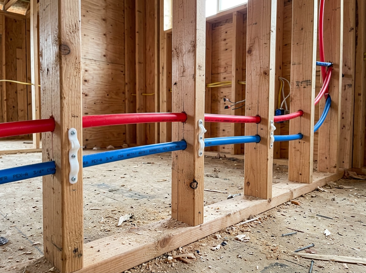 Red and blue PEX supply lines stapled through open wall framing in a residential remodel